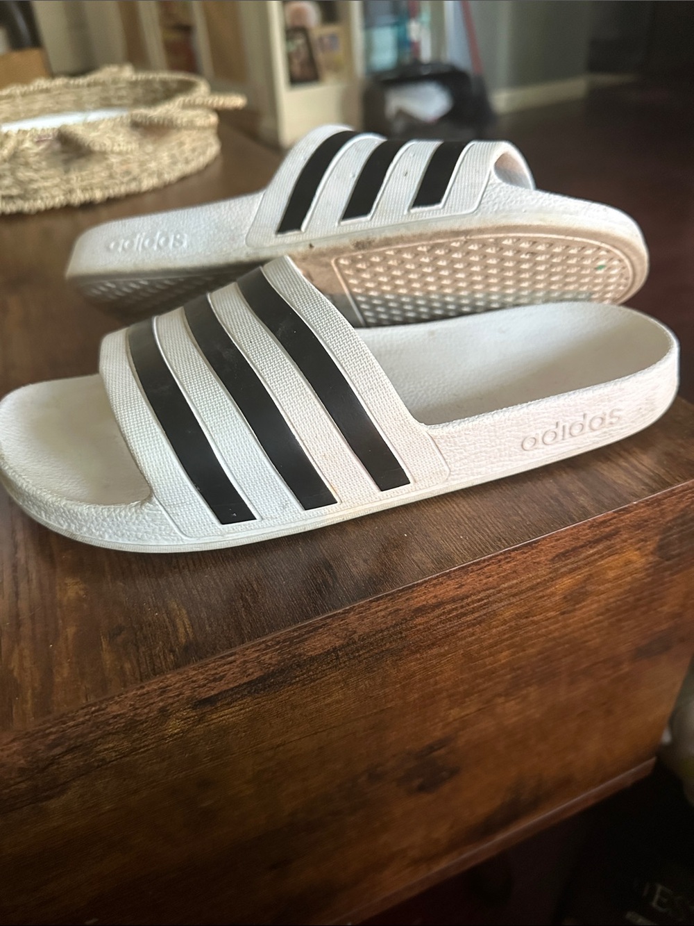 adidas White Slide Sandals with Black Stripes